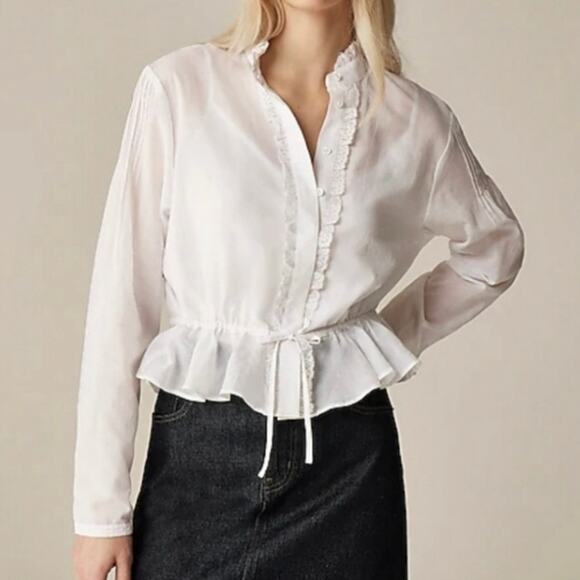J. Crew Tops - J.Crew Lace Trim Cinched Waist Top Blouse Cotton Voile Long Sleeve CJ461 White M